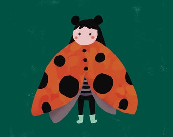 Lámina artística de niña mariquita, temática de disfraz de animal (descarga digital)