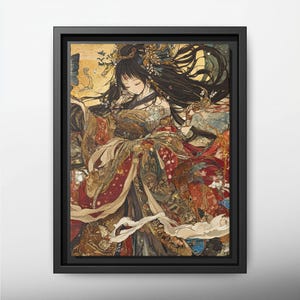 Japanese Goddess Amaterasu, Anime Art Nouveau Print, Ethereal Goddess Celestial Design, Floating Frame Canvas Print, Unique Home Decor Gift