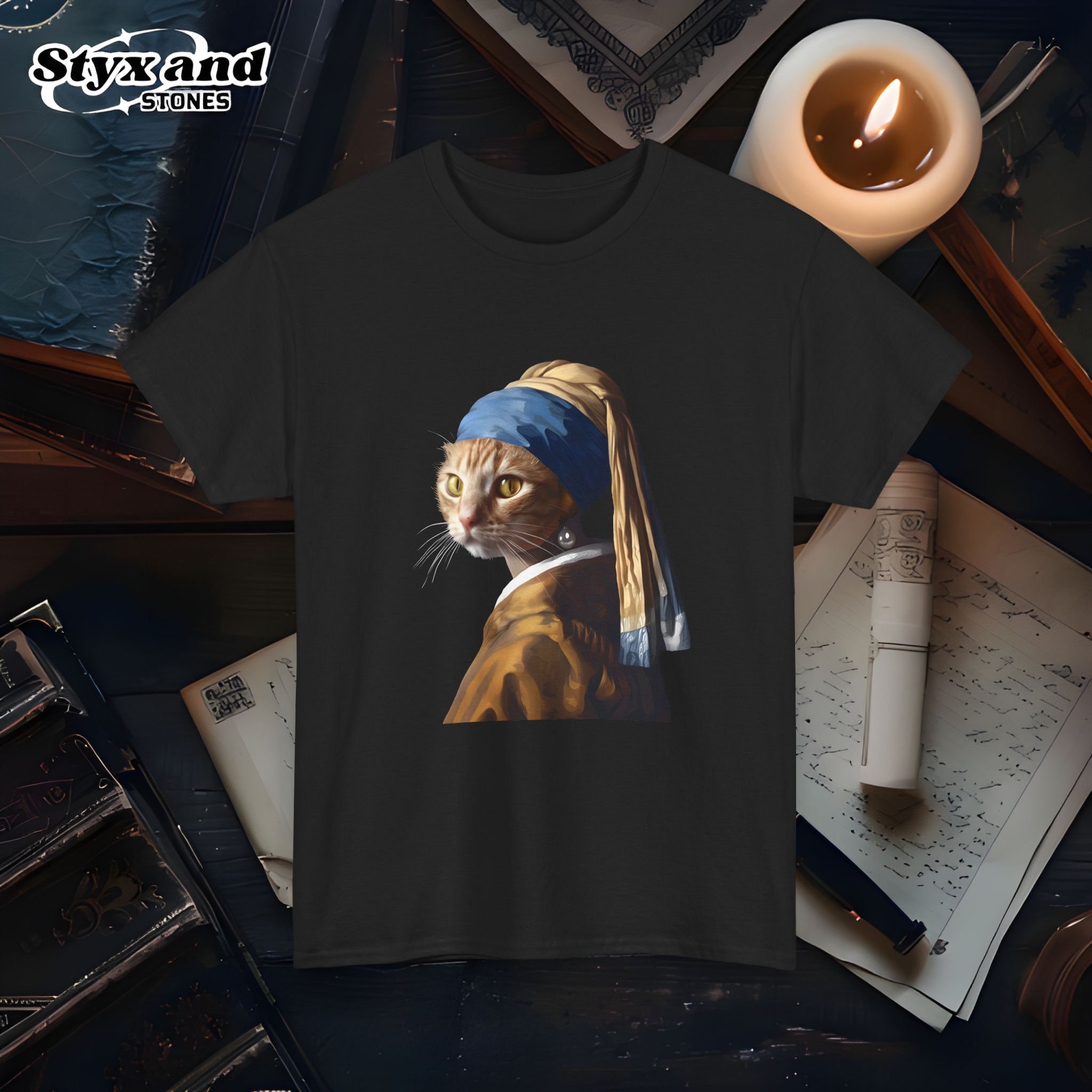 真珠の耳飾りの猫娘グラフィックTシャツクラシックアートパロディT 