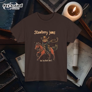 Strawberry Jams but My Glock Do Not Vintage Tshirt Retro 90s Cat Shirt Oversized Funny Unisex Adult Cowboy Tee Funny Whimsical Apparel