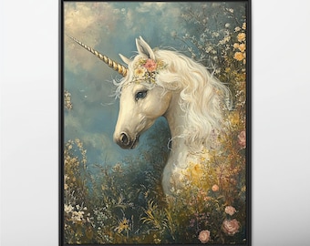 Einhorn gerahmte Leinwand William Morris Druck Dekor, Jugendstil Druck Floral Wandkunst, gerahmte Wandkunst, Fantasy Leinwand Gemälde schwebender Rahmen