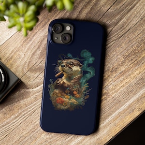 Divertida funda para teléfono con diseño de nutria fumando puros, regalo para amantes de los animales, gráfico de dibujos animados divertido y caprichoso, diseño retro de animales marinos