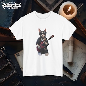 Lustige Katze Feline Rockstar Punk Gitarrist Shirt Humorvolle Musik Liebhaber T-Shirt Coole Musiker Grafik T-Shirt Geschenk für Gitarristen und Rock Fans