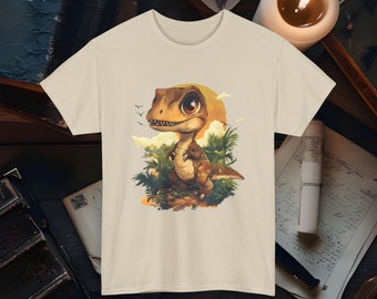 May include: A beige t-shirt with a cartoon illustration of a brown baby dinosaur with a sunset background.