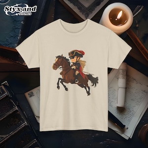 Napoleon Cartoon Riding Horse Into Battle Graphic Tee Unique Military Icon Shirt Historical Figure Shirt Vintage Style Historical Parody