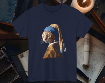Cat Girl with a Pearl Earring Graphic Tee Classic Art Parody TShirt Whimsical Feline Design Gift for Cat Lovers and Art Lovers Cat Tee Shirt
