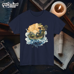 Leuke vintage vissersjongen vintage animestijl cartoon graphic T-shirt vis dierenliefhebber natuur tuin cottagecore kanji landschap maan koi vijver