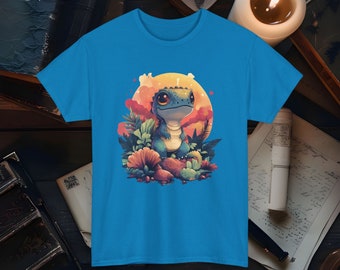 May include: A blue and green cartoon lizard with large eyes stands on a rock surrounded by colorful flowers and plants. The background is a sunset with orange, pink, and purple hues.