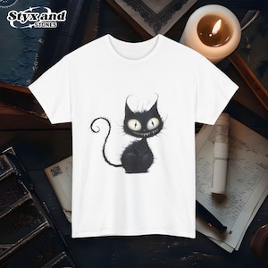 Unhinged Cartoon Cat Tee Shirt Unique Tim Burton Animal Graphic T-Shirt Whimsical Eccentric Art Apparel Unisex Soft Cotton Top Cat Shirt