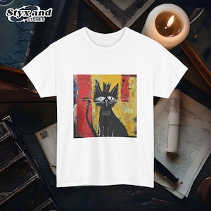 Camiseta de gato abstrato design felino abstrato graffiti inspirado amante de animais de estimação camiseta contemporânea arte de rua única artística animal camiseta engraçada de gato
