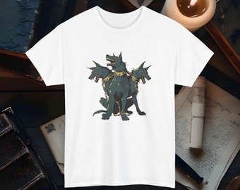 Cerberus T-shirt driekoppige hond mythologie, T-shirt mythisch beest, uniseks fantasiekleding, Hades Underworld-cadeau, uniek T-shirt Griekse mythologie