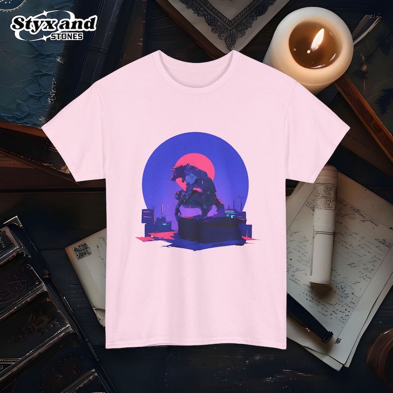 Cyberpunk Werewolf Shirt Futuristic Sci-Fi Werewolf Lycanthrope Halloween Werewolf Art Ninja Moon T-Shirt Sigma Wolf Shirt Alpha Apparel Light Pink
