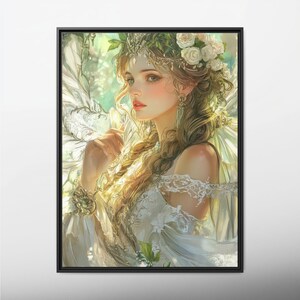 Lienzo enmarcado de Diosa Hada, impresión de pared inspirada en la naturaleza, fantasía mitológica, estilo cottagecore, marco flotante, regalo único para la decoración del hogar.