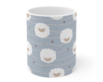 Baby Sheep Blue Ceramic Coffee Cups, 11oz, 15oz, Cute Pastel Blue Sheep Mug, Animal Print Mug, Sheep Pattern Mug, Whimsical Sheep Mug