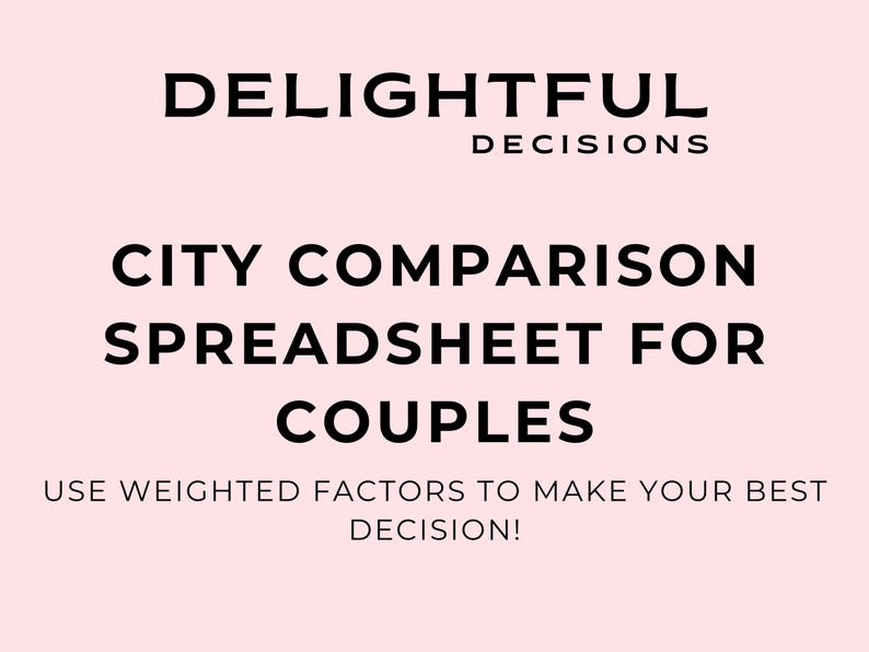 May include: A digital document titled DELIGHTFUL DECISIONS CITY COMPARISON SPREADSHEET FOR COUPLES with the subtitle USE WEIGHTED FACTORS TO MAKE YOUR BEST DECISION! The text is displayed in black font against a solid light pink background.