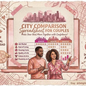May include: A digital city comparison spreadsheet for couples featuring a laptop screen displaying a chart for Denver, Austin, and Seattle. The graphic includes illustrations of a couple, a city skyline, star ratings, and the text City Comparison Spreadsheet for Couples.