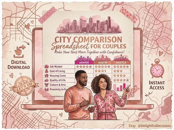 City Comparison Spreadsheet - Relocation Decision Tool for Couples - Google Sheet Instant Download