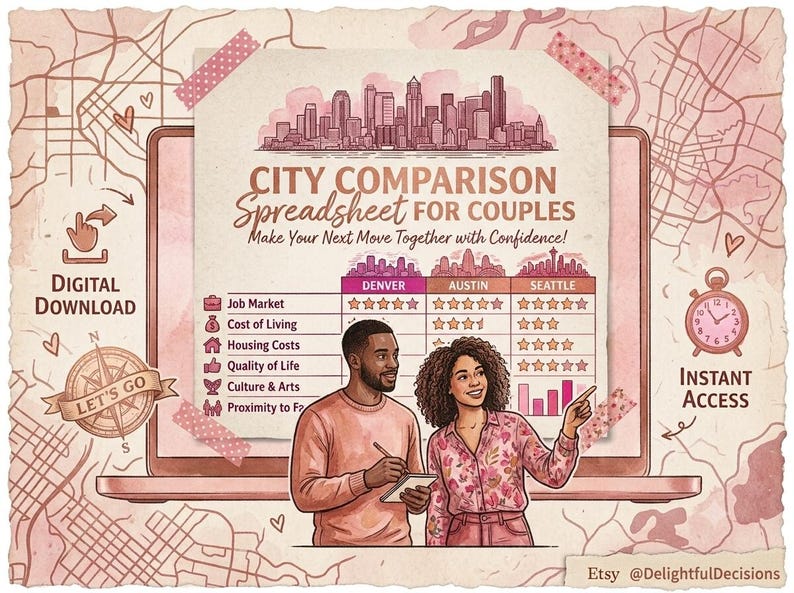 May include: A digital city comparison spreadsheet for couples featuring a laptop screen displaying a chart for Denver, Austin, and Seattle. The graphic includes illustrations of a couple, a city skyline, star ratings, and the text City Comparison Spreadsheet for Couples.