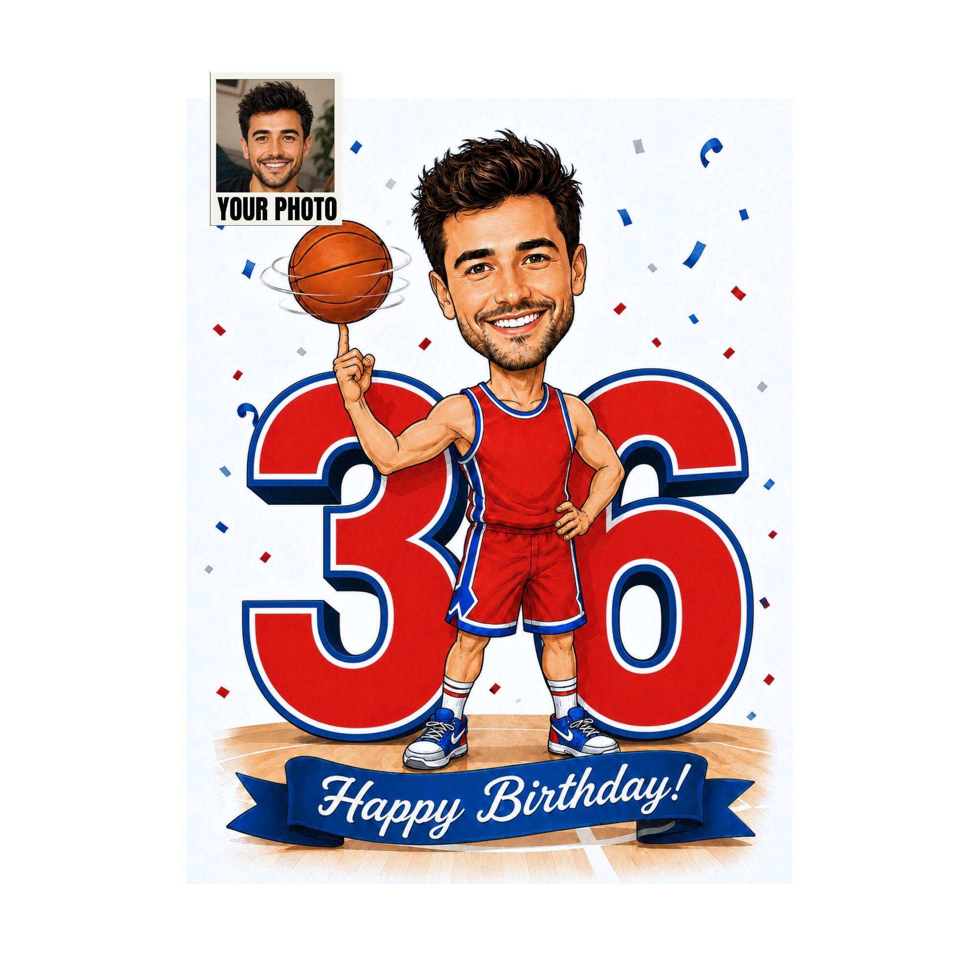36th Birthday Basketball Cartoon Portrait for Him from photo