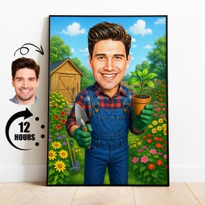 Cadeau pour jardinier, portrait de dessin animé de jardin personnalisé à partir d'une photo, caricature drôle d'amateur de plantes, impression d'art personnalisée de jardinier