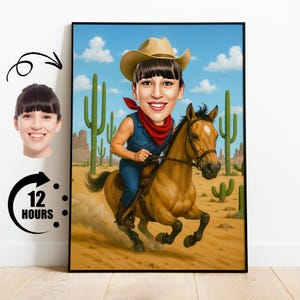 Caricatura de vaquera a partir de una foto, regalo para vaquera, retrato divertido de mujer a caballo, regalo personalizado de caricatura de chica de rodeo