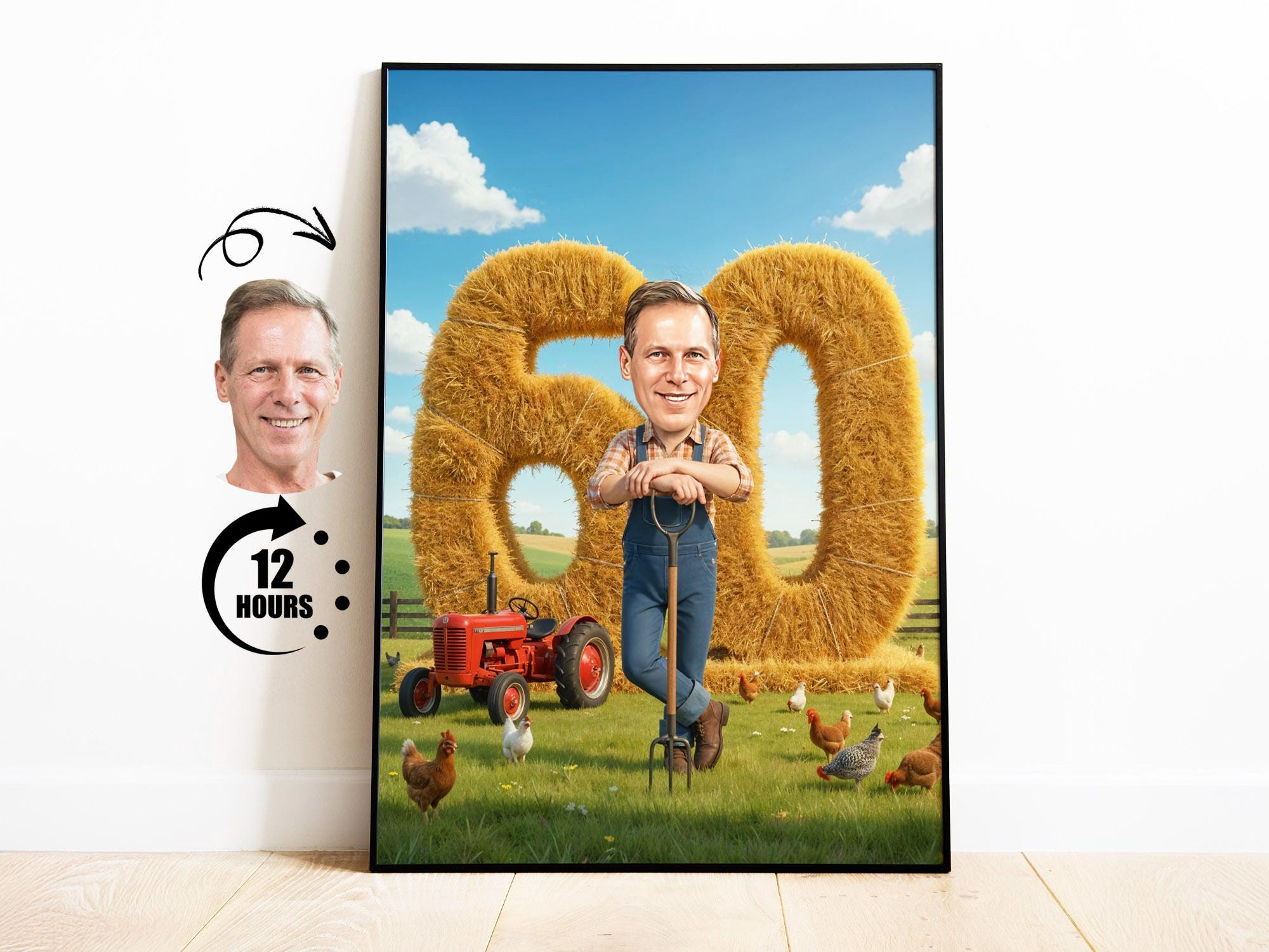Custom 60th Birthday Caricature from Photo – Funny Farmer Cartoon Portrait with Tracto from photo