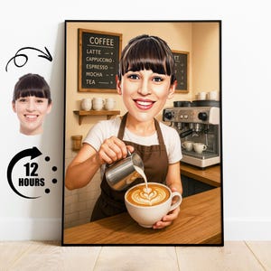 Regalo para barista, caricatura personalizada de trabajador de cafetería a partir de una foto, divertido retrato de caricatura de arte latte, obra de arte de barista personalizada