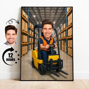 Personalisierte Gabelstablerfahrer Karikatur-Porträt, kundenspezifische Gabelstablerfahrer-Karikatur-Zeichnung vom Foto, lustige Gabelstablerfahrer-Karikatur-Geschenk
