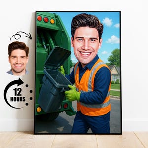 Regalo para recolector de basura, caricatura personalizada de trabajador de saneamiento a partir de una foto, retrato divertido de recolector de basura, caricatura de gestión de residuos