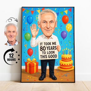 Regalo divertido de 80 cumpleaños para él, caricatura de cumpleaños de abuelo a partir de una foto, retrato de dibujos animados de 80 cumpleaños, póster divertido de abuelo