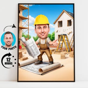 Caricature d'ingénieur, cadeaux d'ouvrier du bâtiment, portrait de constructeur personnalisé, cadeau de retraite drôle d'ingénieur, affiche de dessin animé de constructeur
