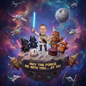Może przedstawiać: Cyfrowy obraz z motywem Gwiezdnych Wojen na urodziny. Scena przedstawia postacie takie jak Darth Vader, Chewbacca i Ewoki, z transparentem "MAY THE FORCE BE WITH YOU... AT 50!" na tle kosmicznym.