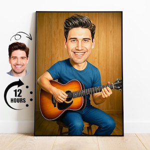 Regalo para guitarrista, caricatura de músico personalizada a partir de una foto, retrato divertido de guitarrista, dibujo personalizado de un amante de la música.