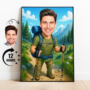 Regalo para excursionistas, caricatura de senderismo personalizada a partir de una foto, retrato divertido de mochilero, dibujo personalizado de un excursionista de montaña.