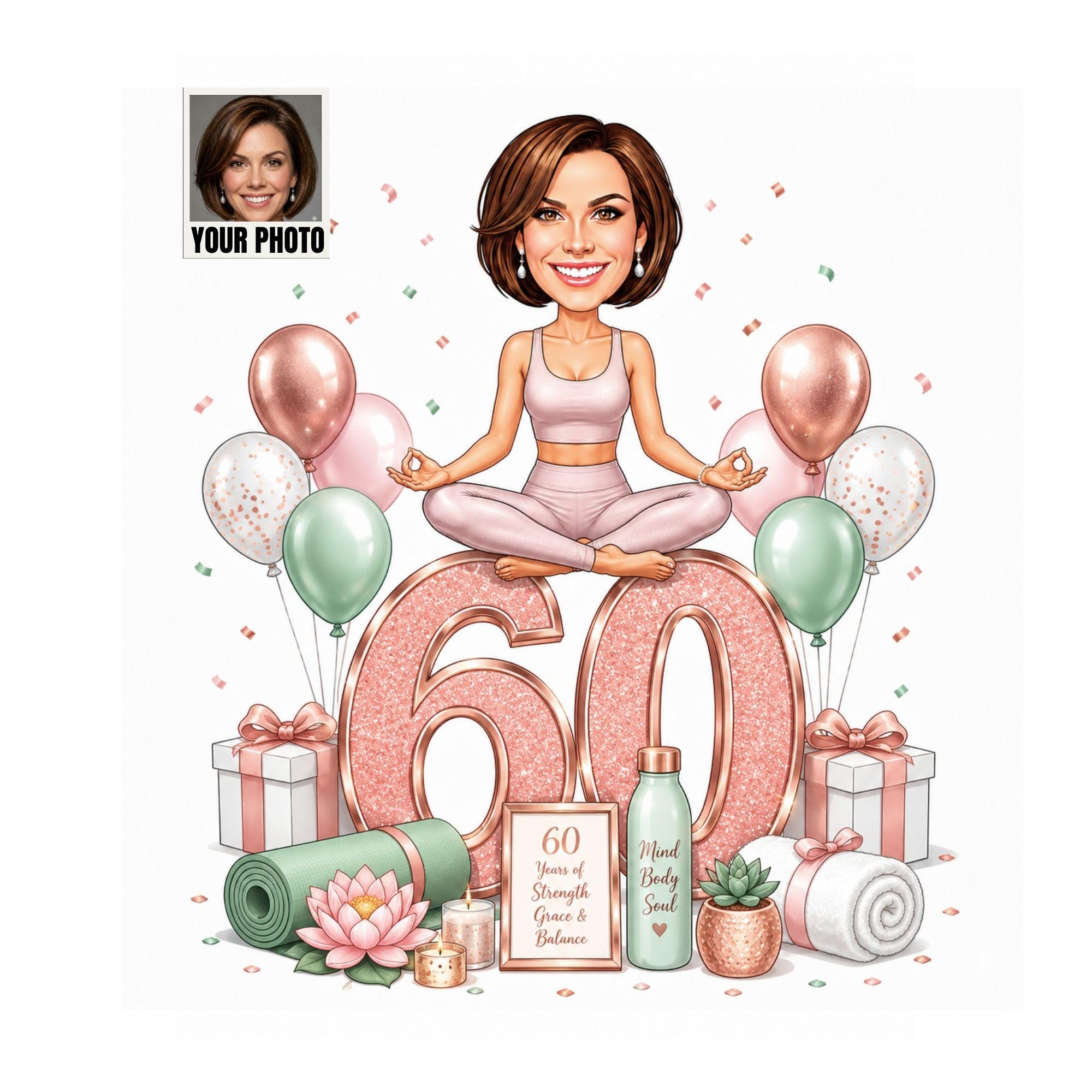 60th Birthday Yoga Cartoon Portrait for Her from photo