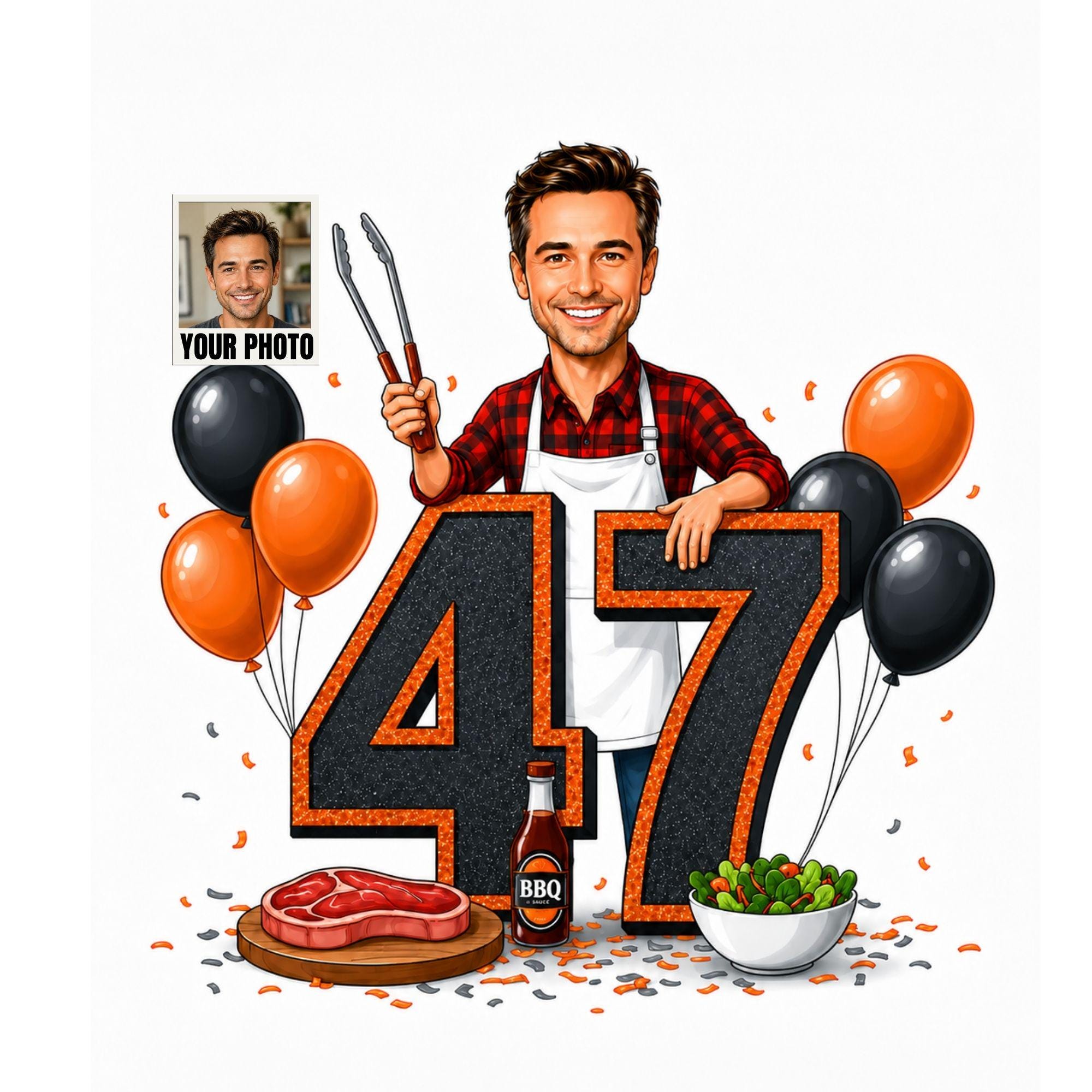 47th Birthday BBQ Cartoon Portrait for Him from photo
