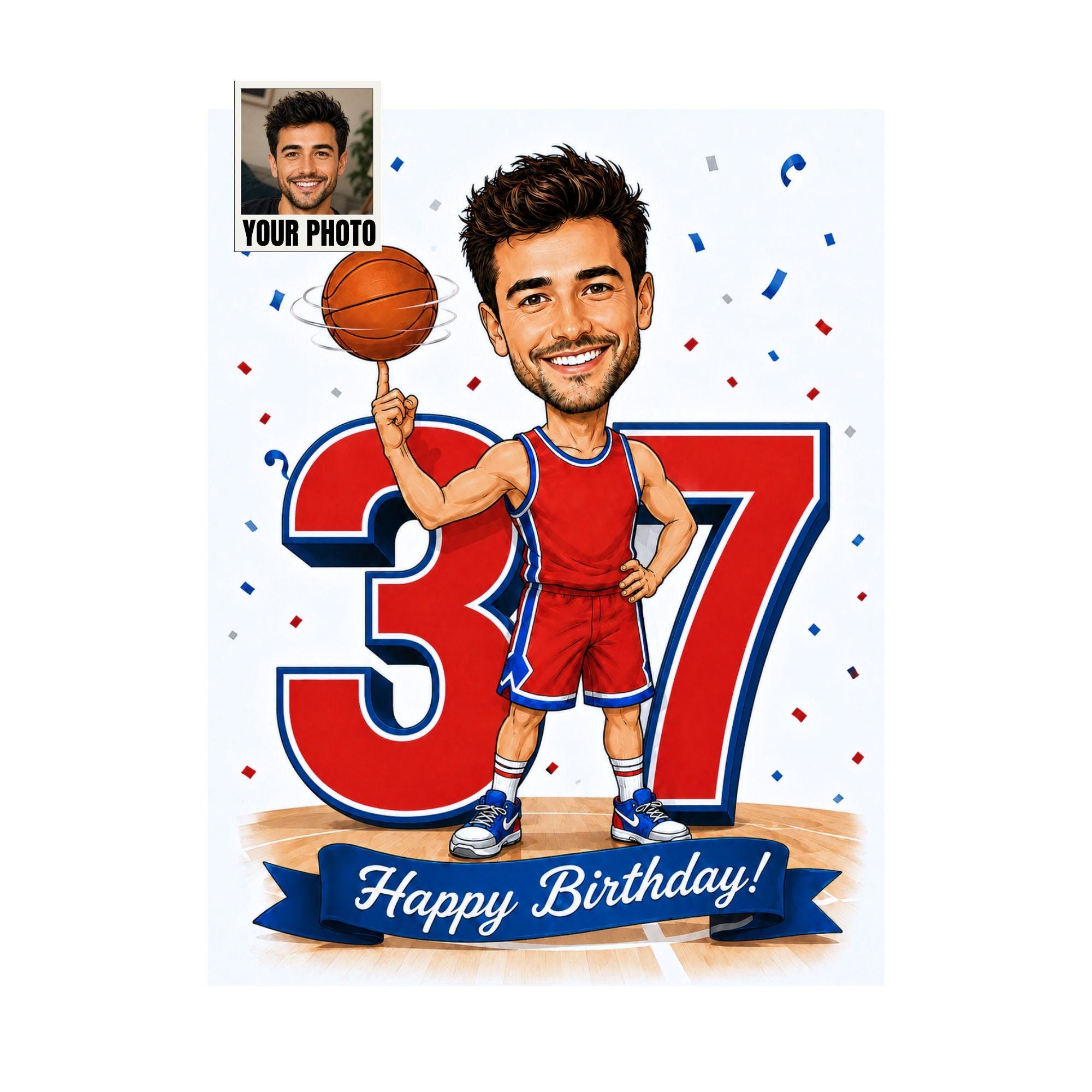 37th Birthday Basketball Cartoon Portrait for Him from photo