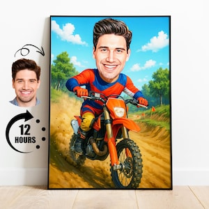 Cadeau pour motard tout-terrain, caricature de motocross personnalisée à partir d'une photo, dessin animé drôle de motocross, dessin personnalisé de motard tout-terrain