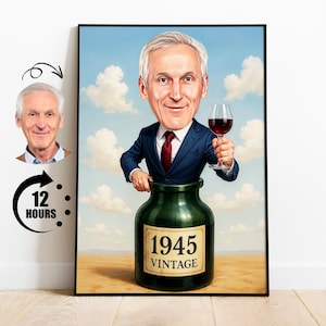 Lustiges 80. Geburtstagsgeschenk für ihn, Großvater-Geburtstags-Karikatur vom Foto, benutzerdefiniertes Wein-Liebhaber-Karikatur-Porträt, lustiges Opa-Plakat