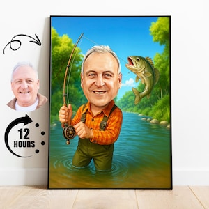 Retrato de caricatura de pescador personalizado, regalo para pescador, caricatura de pescador, caricatura de pescador, caricatura personalizada, caricatura de pescador a partir de una foto