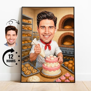 Geschenk für Bäcker, kundenspezifische Konditor-Karikatur vom Foto, lustiges Back-Karikatur-Porträt, personalisierter Tortendekorateur-Digital-Kunst