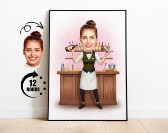 Personalized Female Bartender Cartoon Portrait, Custom Bartender Caricature Drawing from Photo, Funny Bartender Caricature, Bartender Gift