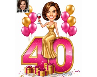 40th Birthday Cartoon Portrait for Her, Custom 40th Birthday Woman Caricature from Photo, Funny 40th Birthday Gift, 40th Birthday Card