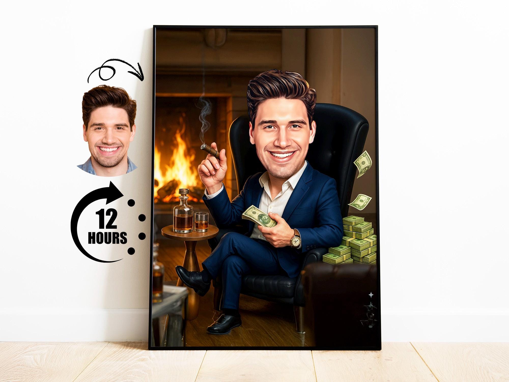 Custom Boss Caricature from Photo Funny Money and Cigar Cartoon Rich Guy Portrait Uniq from photo