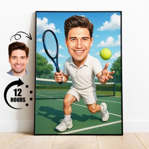 Presente para jogador de tênis, caricatura de tênis personalizada a partir de foto, retrato esportivo engraçado, arte de tênis de desenho animado personalizada