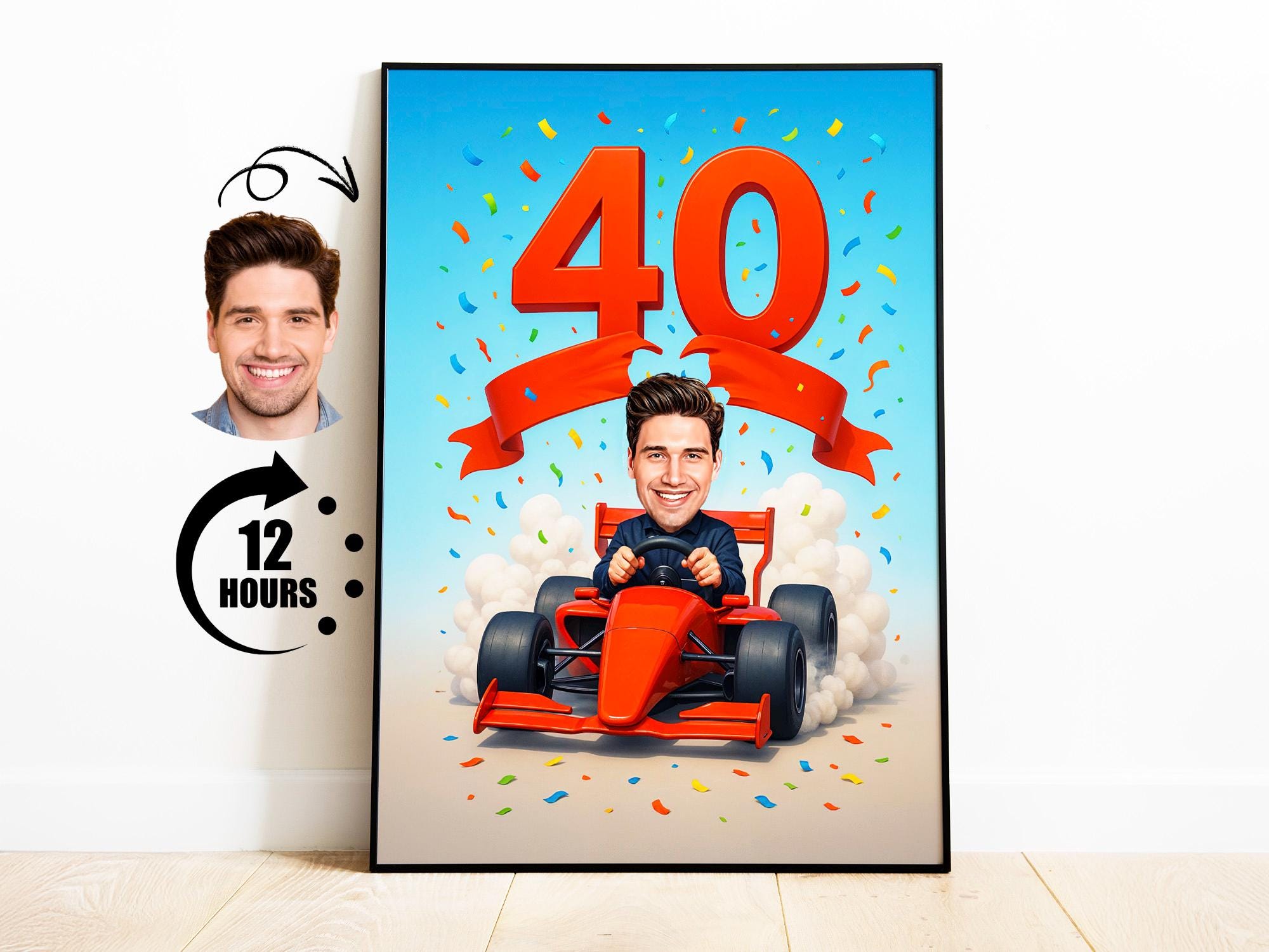 Custom 40th Birthday Caricature from Photo – Funny Race Car Driver Cartoon Portrait on from photo