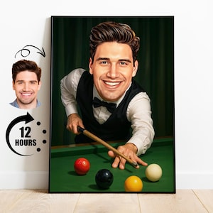 Regalo para jugador de billar, caricatura de jugador de billar personalizada a partir de una foto, retrato divertido para un amante del billar, dibujo de caricatura de jugador de billar personalizado