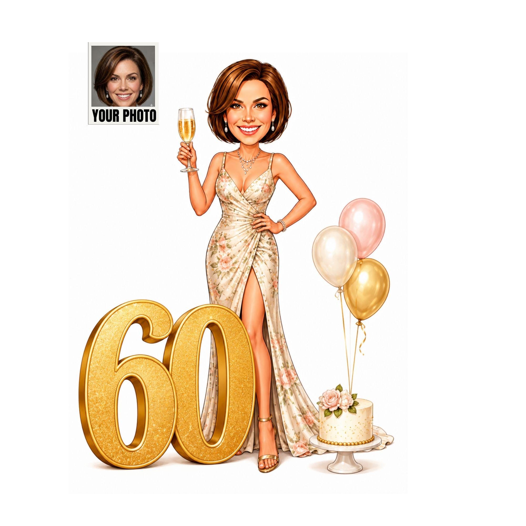 60th Birthday Cartoon Portrait for Her from photo