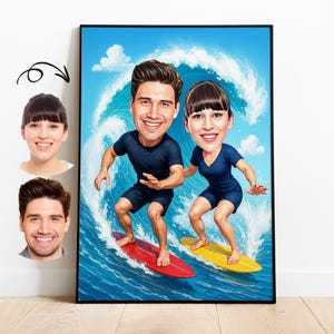 Caricature de surf de couple à partir de photo, portrait de dessin animé de couple de surfeurs drôles, cadeau de plage personnalisé pour couple, cadeaux d'anniversaire de surf