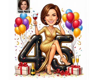 Custom 45th Birthday Caricature, Funny 45th Birthday Gift, 45th Birthday Cartoon Portrait, 45th Birthday Decorations, 45th Birthday Card